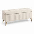 Banc de rangement en similicuir crème avec pieds en bois
