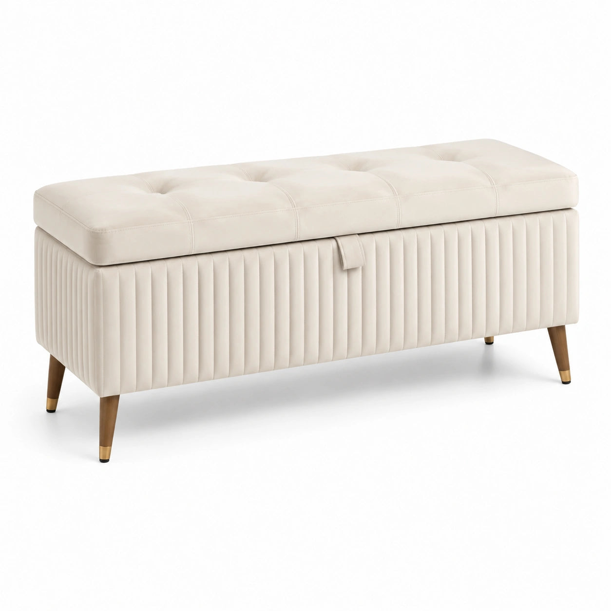 Banc de rangement en similicuir crème avec pieds en bois