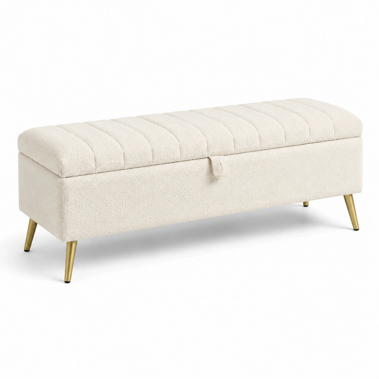 Banc de rangement en tissu beige avec pieds en métal