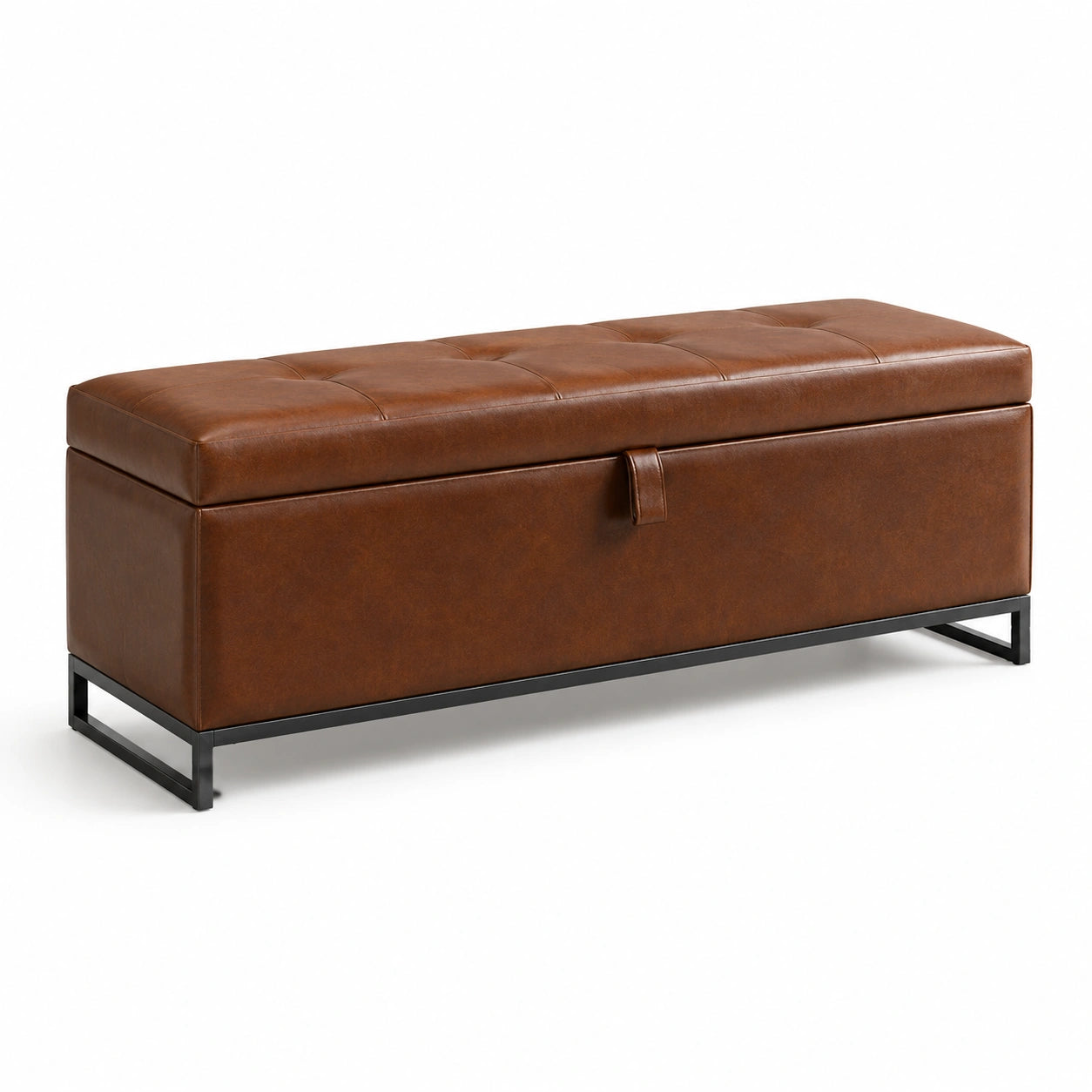 Banc de rangement en cuir synthétique marron avec base en métal