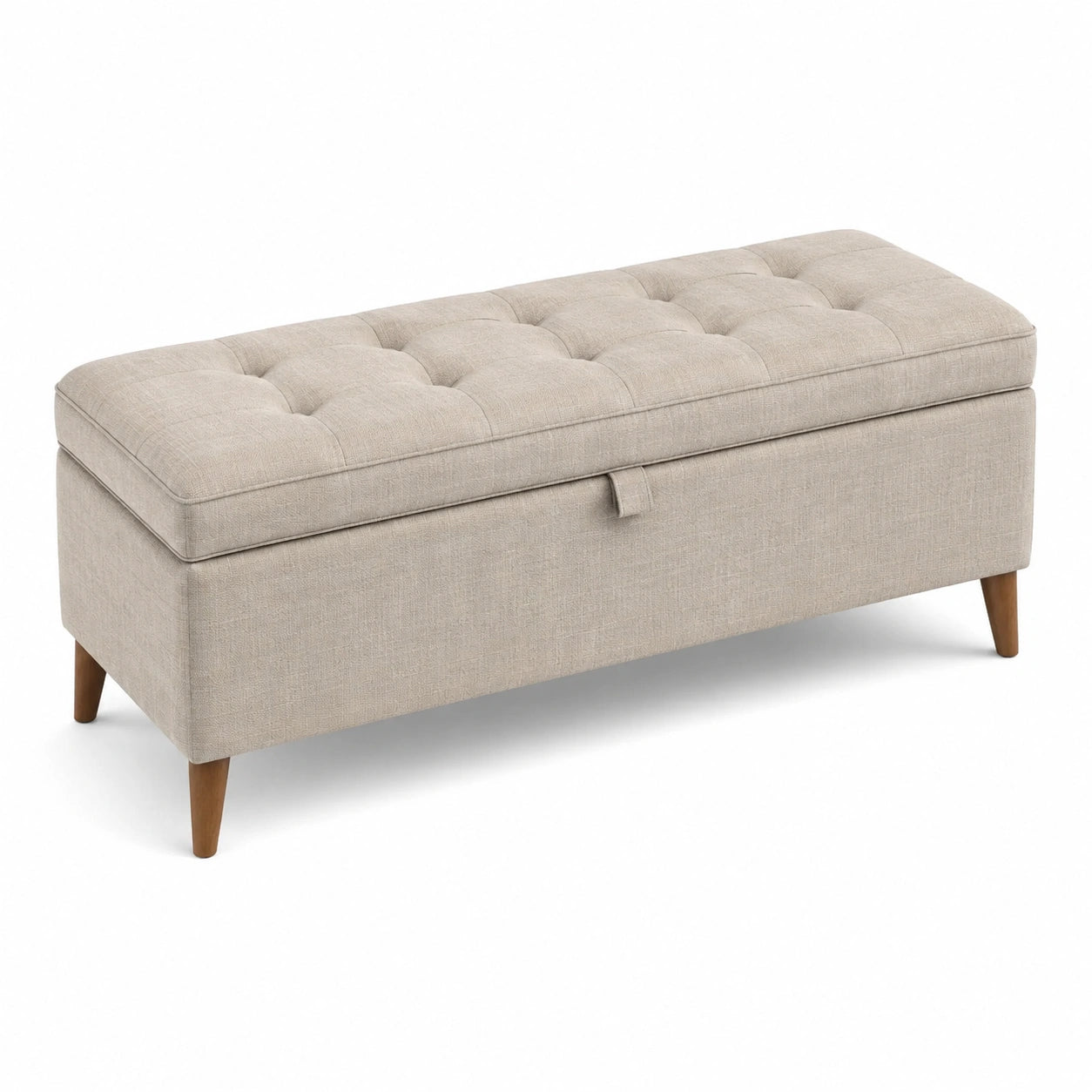 Banc de rangement en tissu beige avec pieds en bois