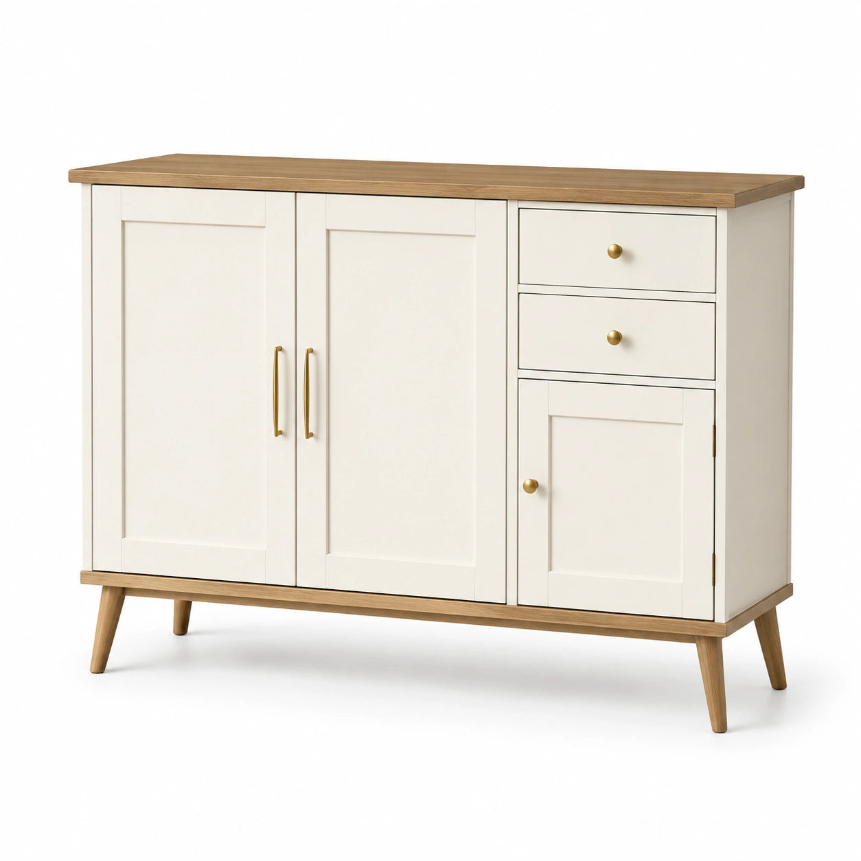 Buffet bois blanc et chêne avec portes et tiroirs