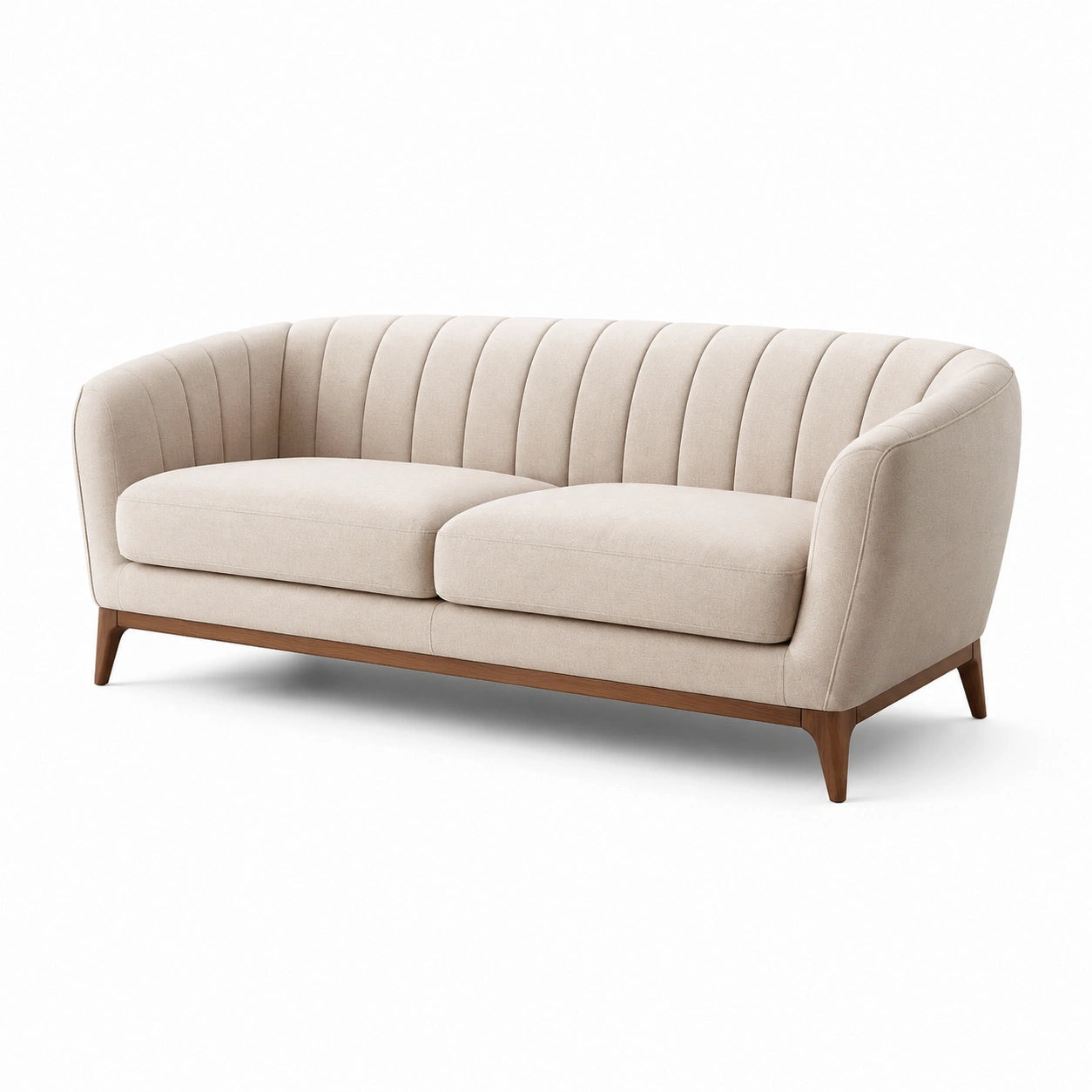 Canapé trois places en tissu beige avec structure en bois