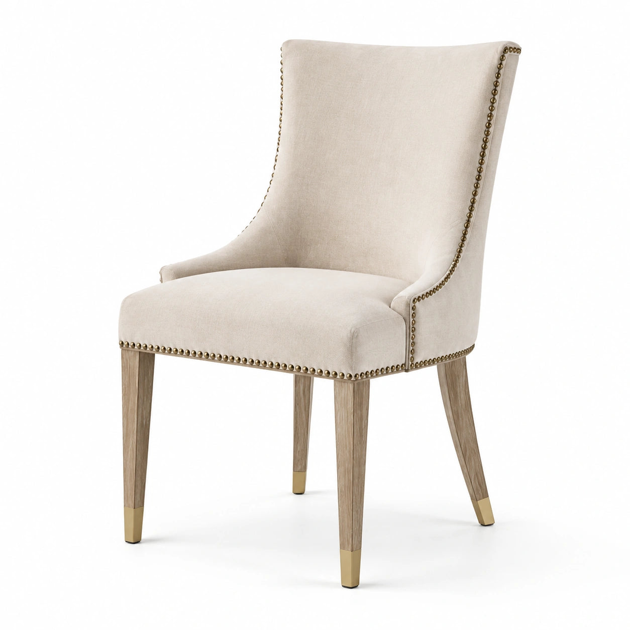 Chaise en bois et tissu polyester beige avec détails en laiton