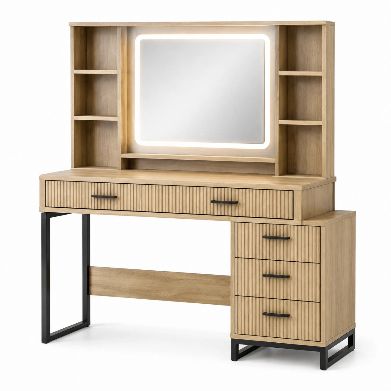 Coiffeuse en Bois Clair avec Miroir LED et Tiroirs