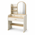 Coiffeuse en Bois et MDF avec Miroir Arc et Étagères - Ivoire/Chêne Clair