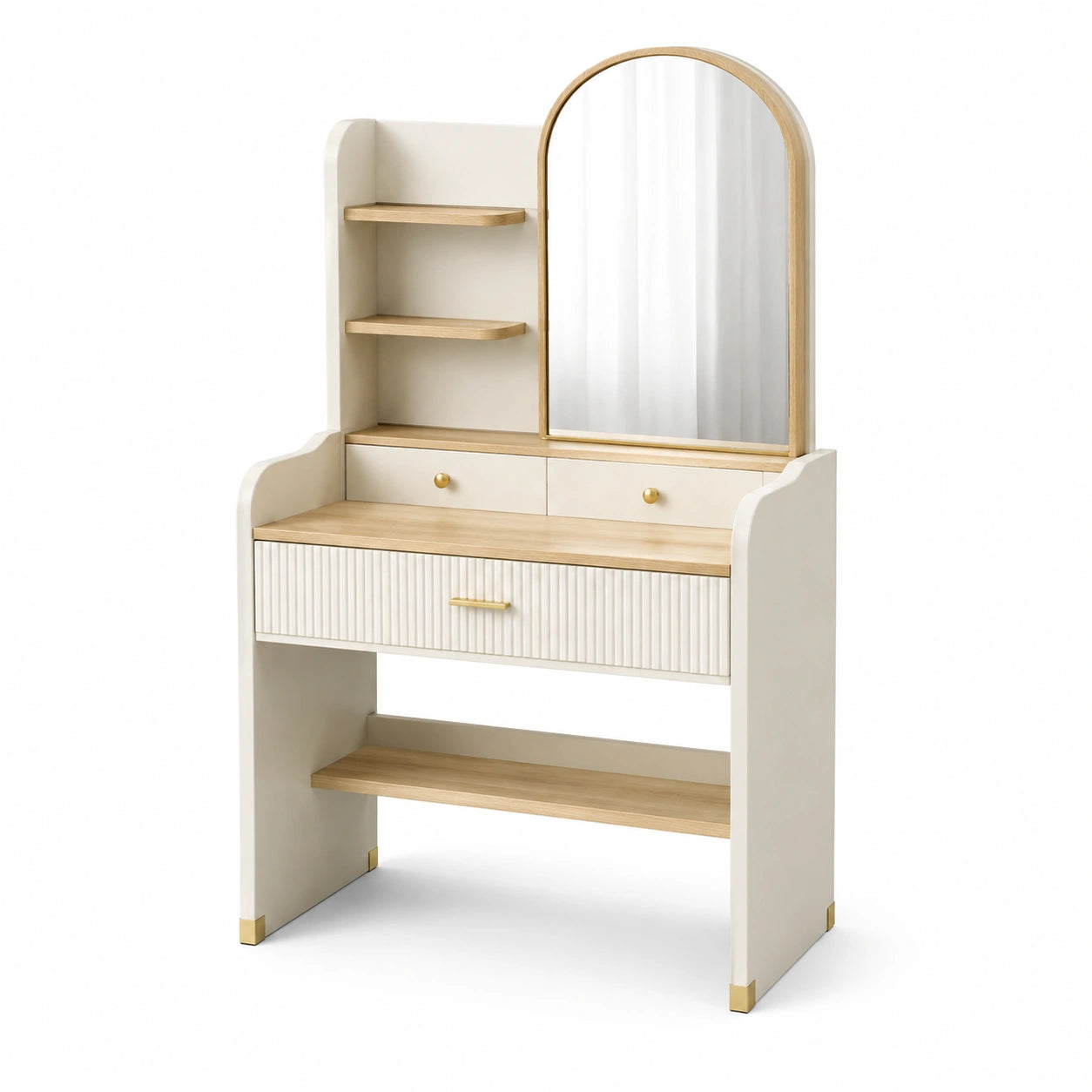 Coiffeuse en Bois et MDF avec Miroir Arc et Étagères - Ivoire/Chêne Clair