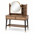 Coiffeuse en bois de noyer avec miroir rond en rotin et métal