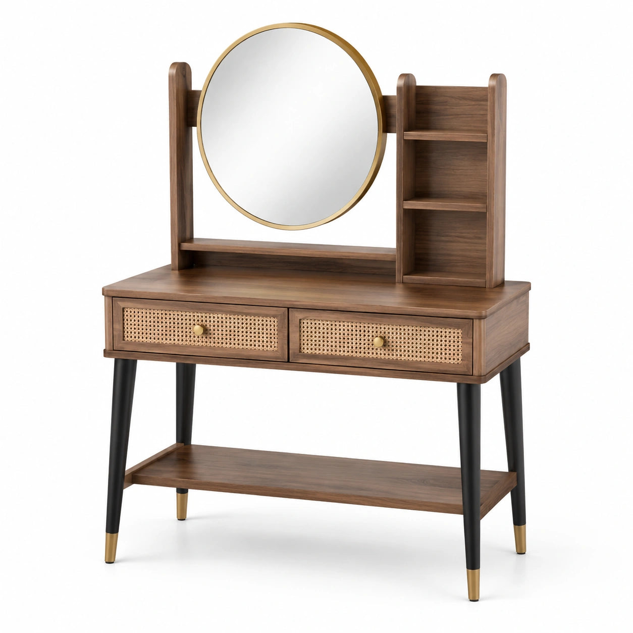 Coiffeuse en bois de noyer avec miroir rond en rotin et métal