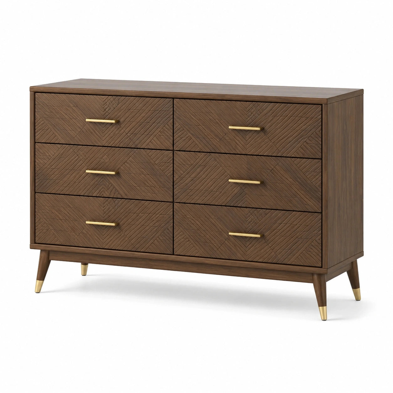 Commode en bois avec 6 tiroirs et poignées en métal doré marron