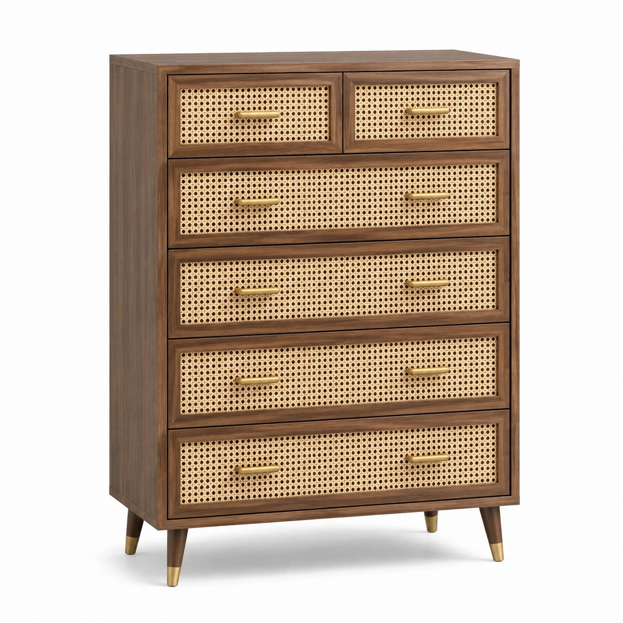 Commode en bois et rotin 6 tiroirs marron