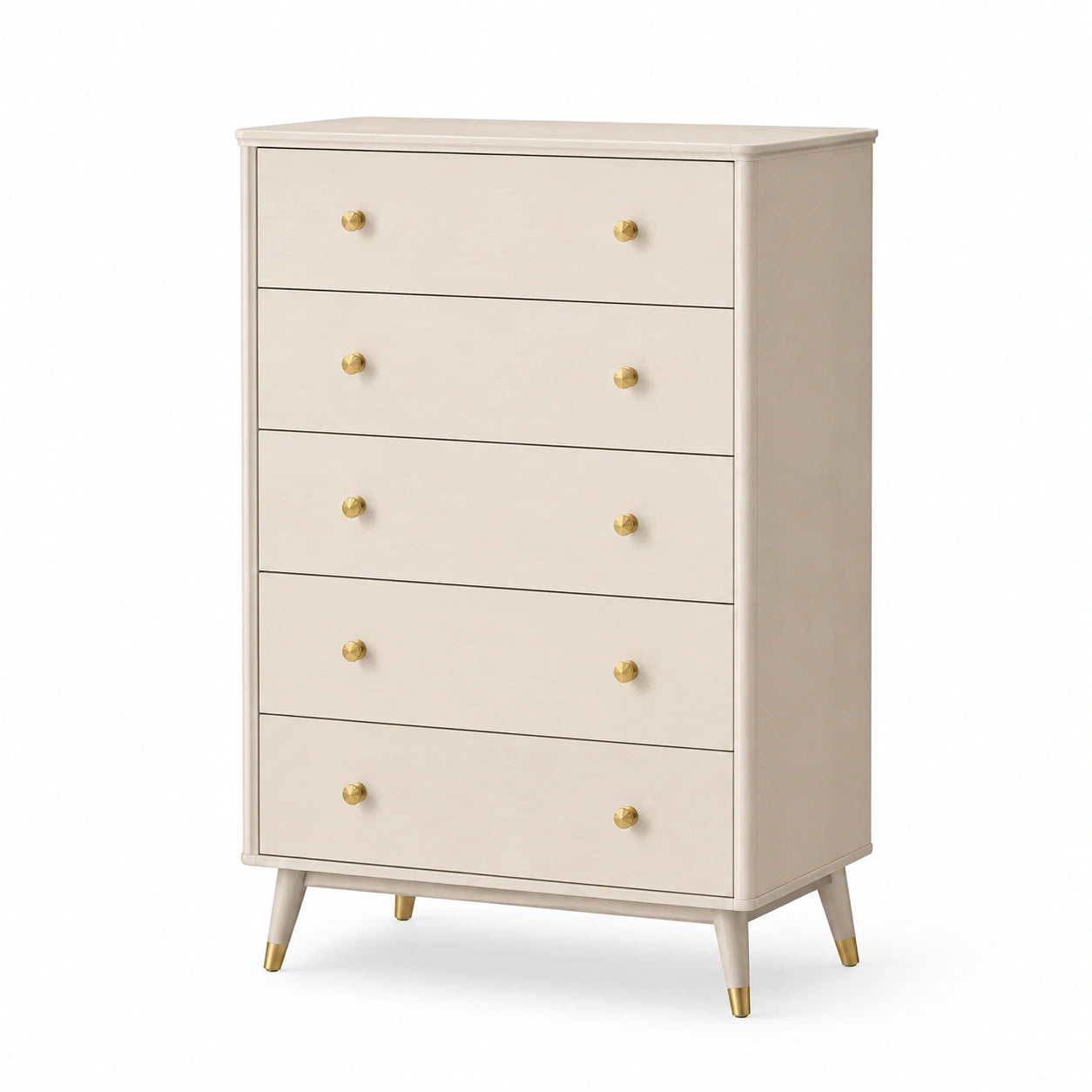 Commode haute 5 tiroirs en bois beige avec poignées dorées