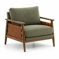 Fauteuil en bois avec tissu vert olive et cuir tressé