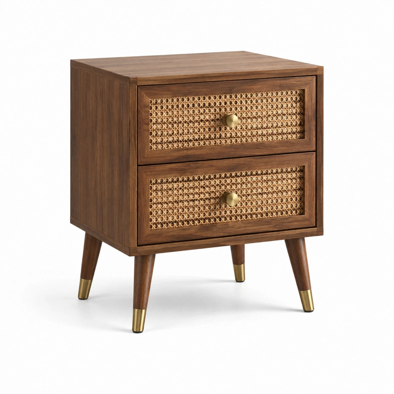 Table de chevet en bois avec tiroirs en rotin