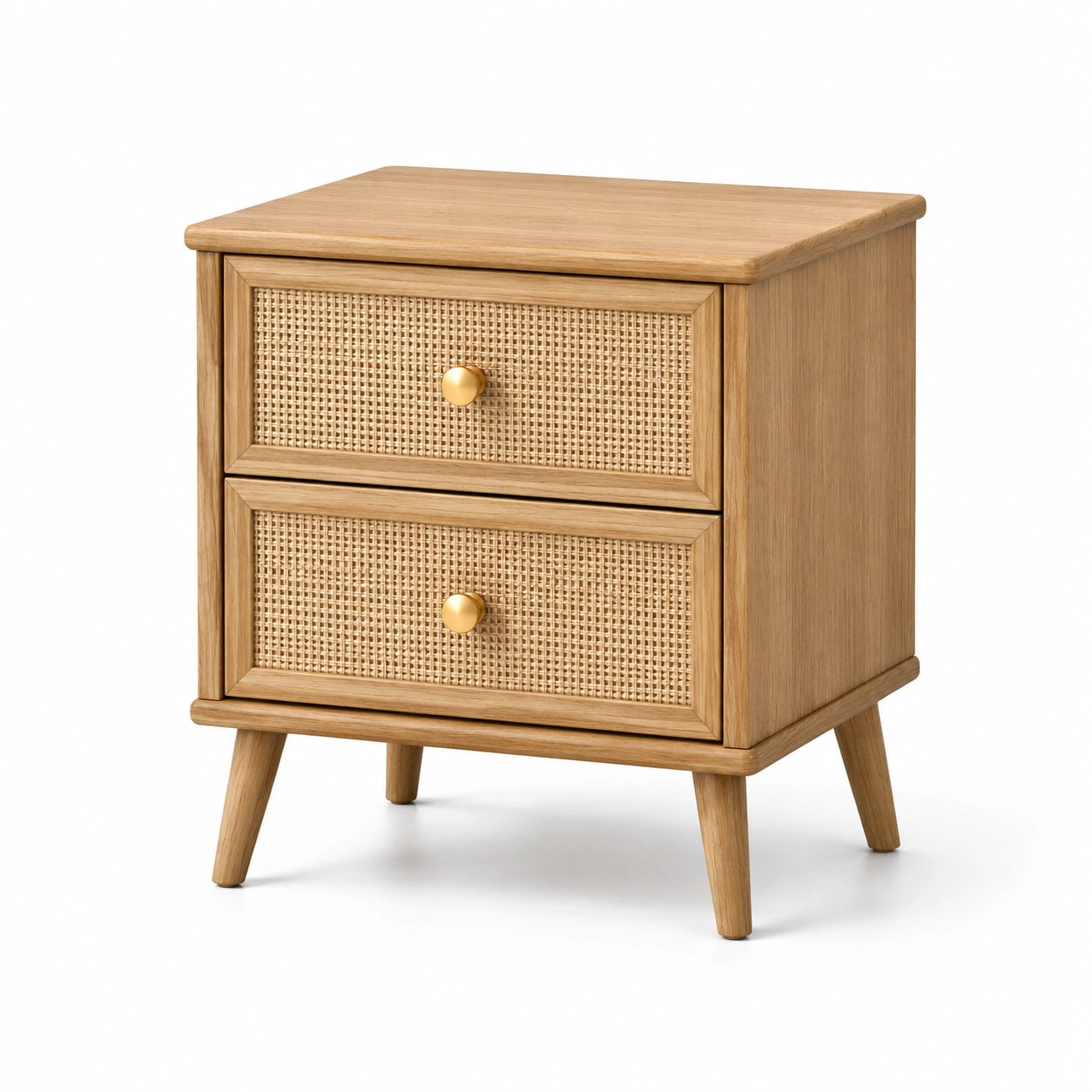 Table de chevet en bois avec tiroirs en rotin chêne clair
